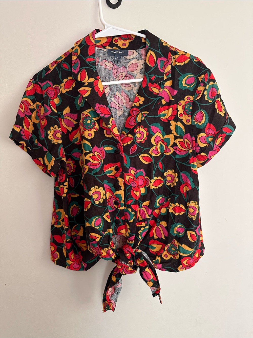 ModCloth Black Floral Tie-Front Short Sleeve Blouse